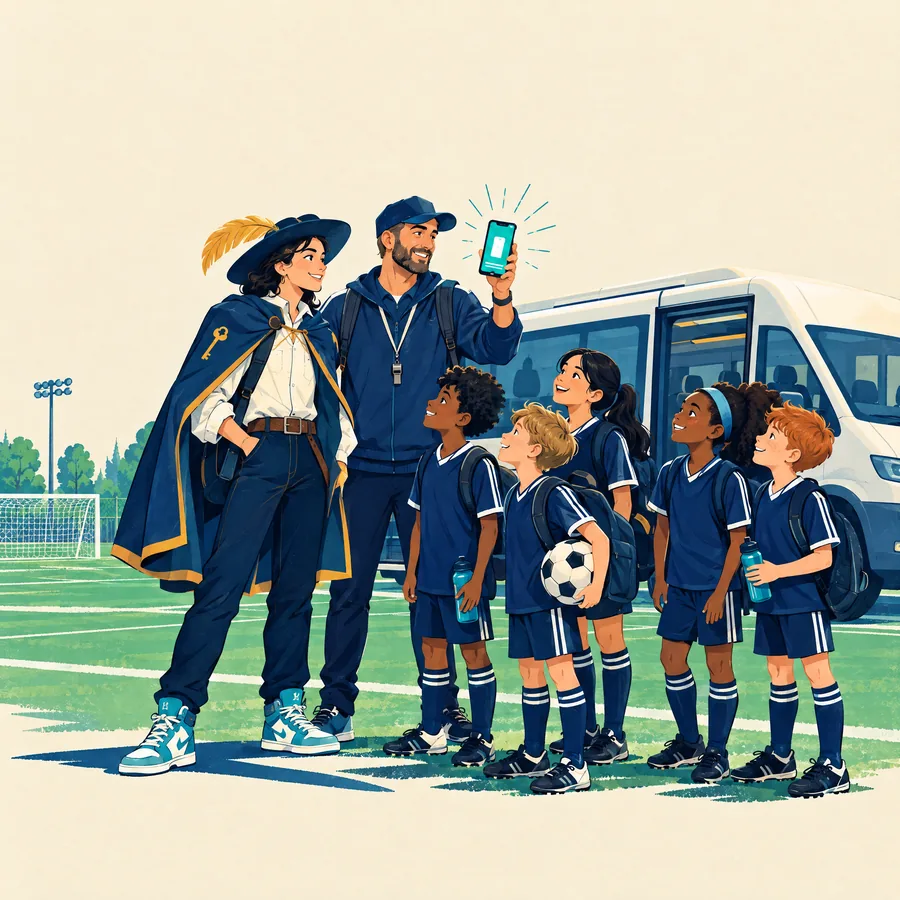 A young Walleteer stands on a football pitch with a youth coach, who holds up his phone, and a team of kids ready for a trip.